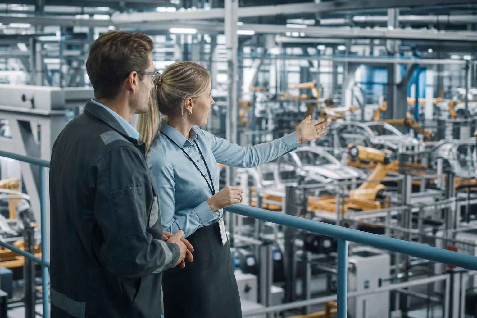 Automotive operations specialists overlooking a modern assembly facility