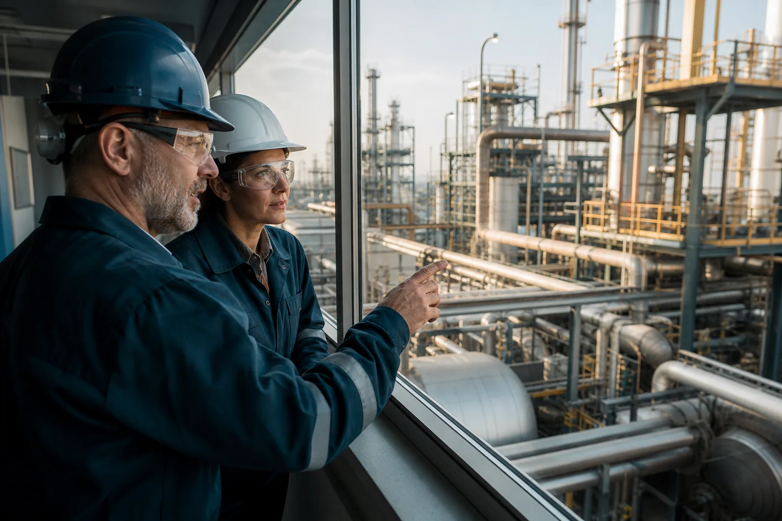 Operations professionals reviewing a process manufacturing facility