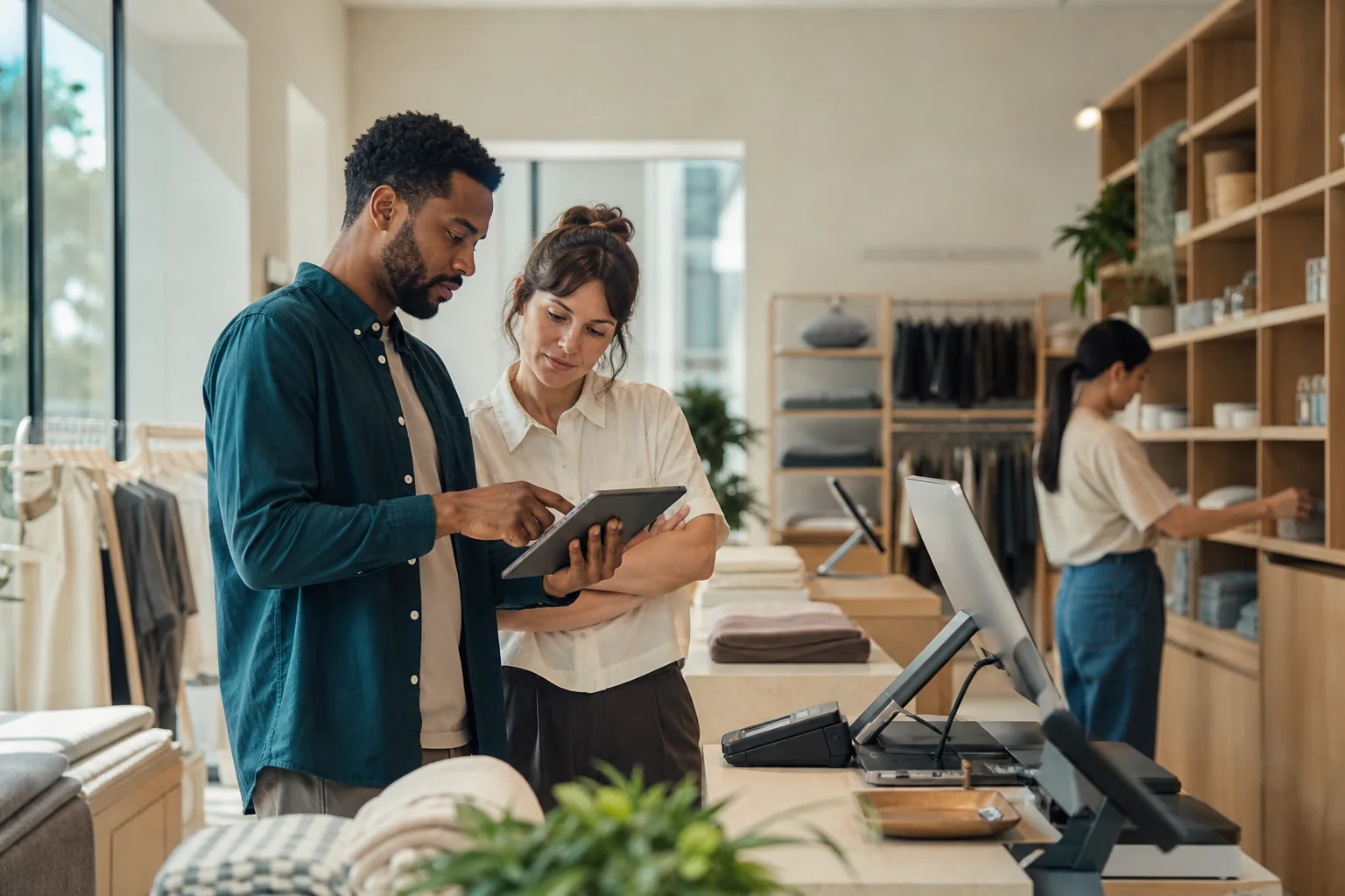 Retail operations professionals reviewing store technology