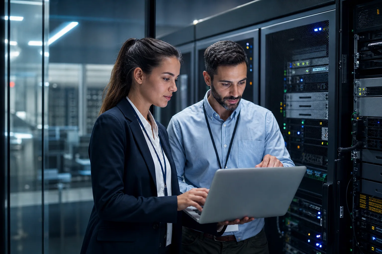 Network operations professionals reviewing telecommunications infrastructure