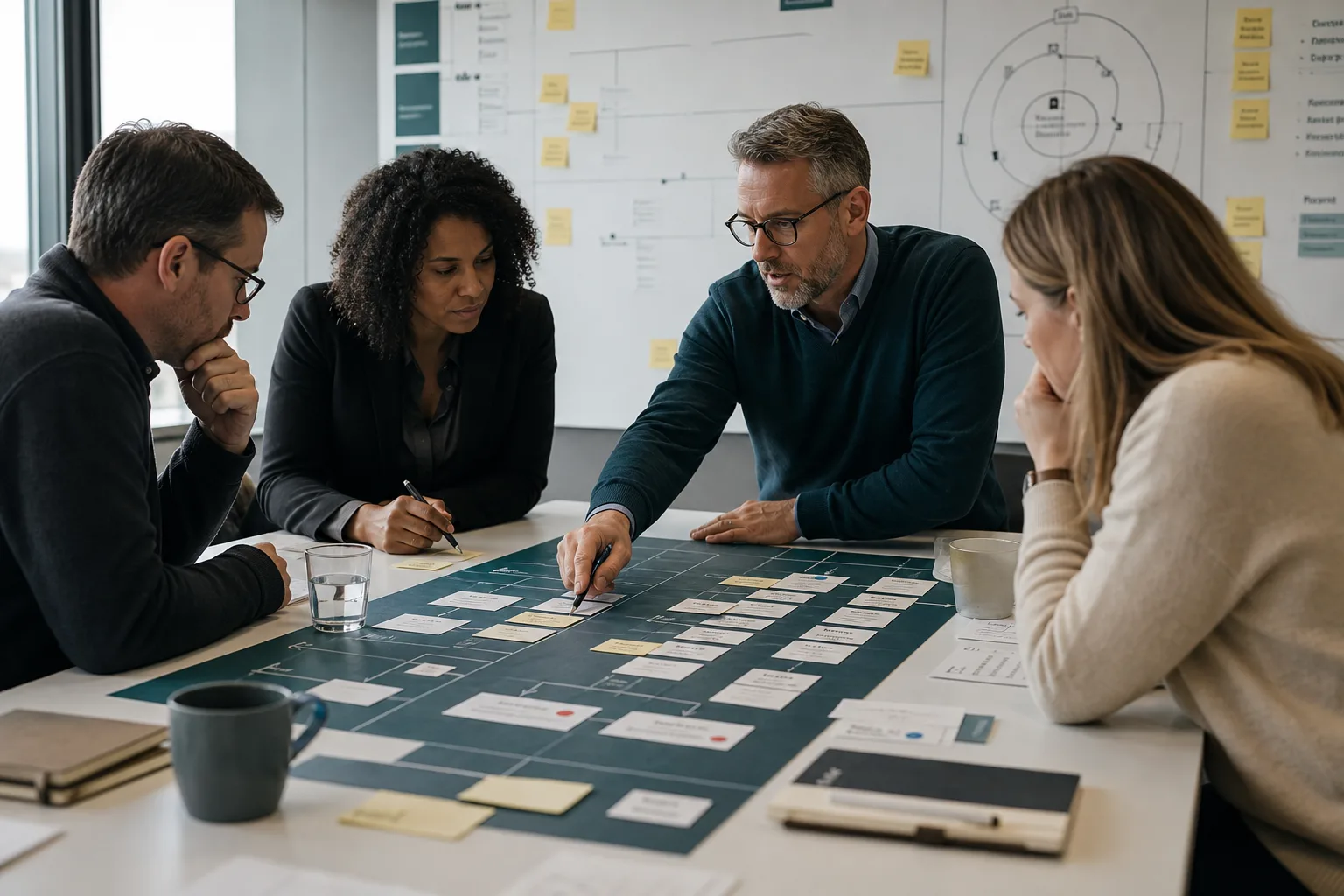 Transformation team mapping a current process and future-state roadmap