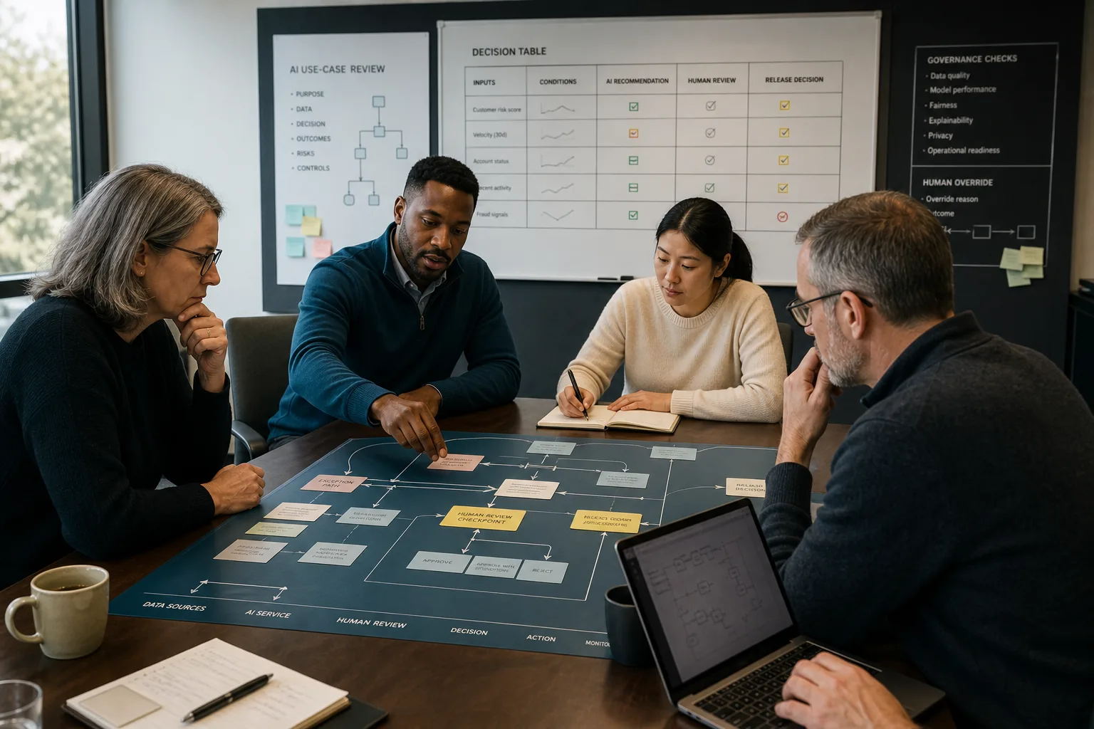 Cross-functional team reviewing an AI decision and human oversight path