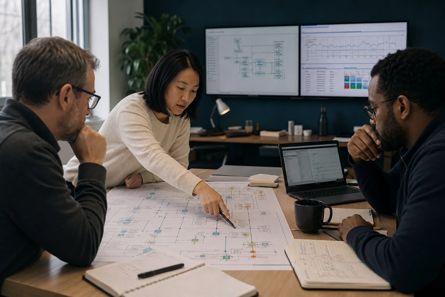Integration engineers tracing a transaction across connected systems